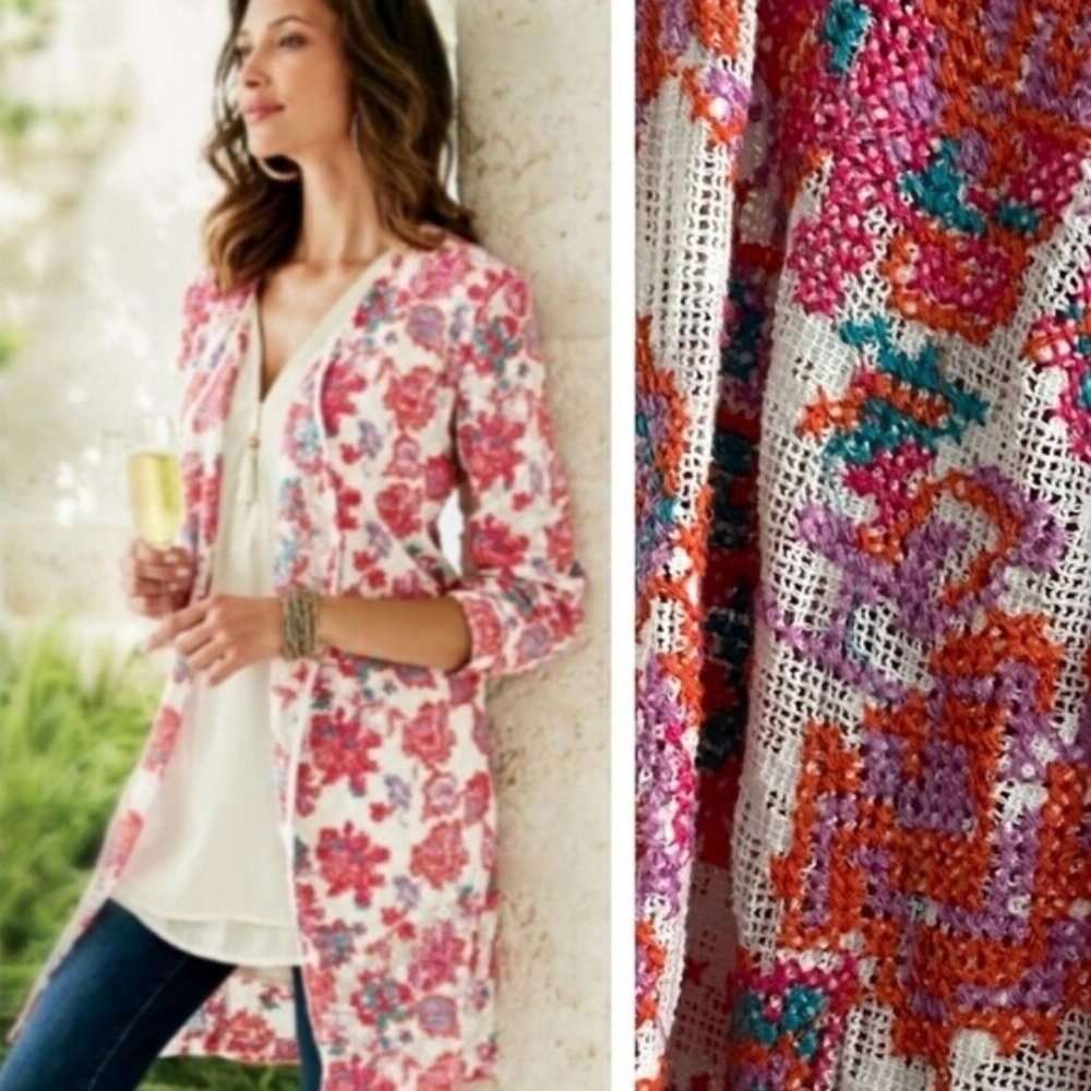 SOFT SURROUNDINGS Pink Floral Cross Roads Topper Open Front Duster